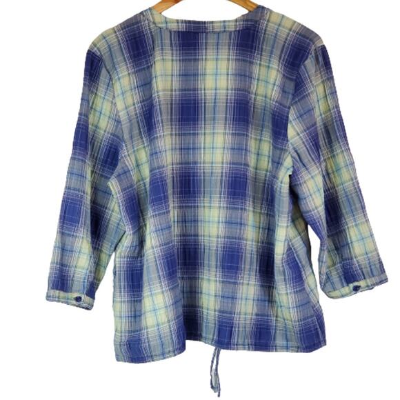 Christopher & Banks Blue Green Plaid V Neck Button Front Long Sleeve Tunic Large - Picture 2 of 8